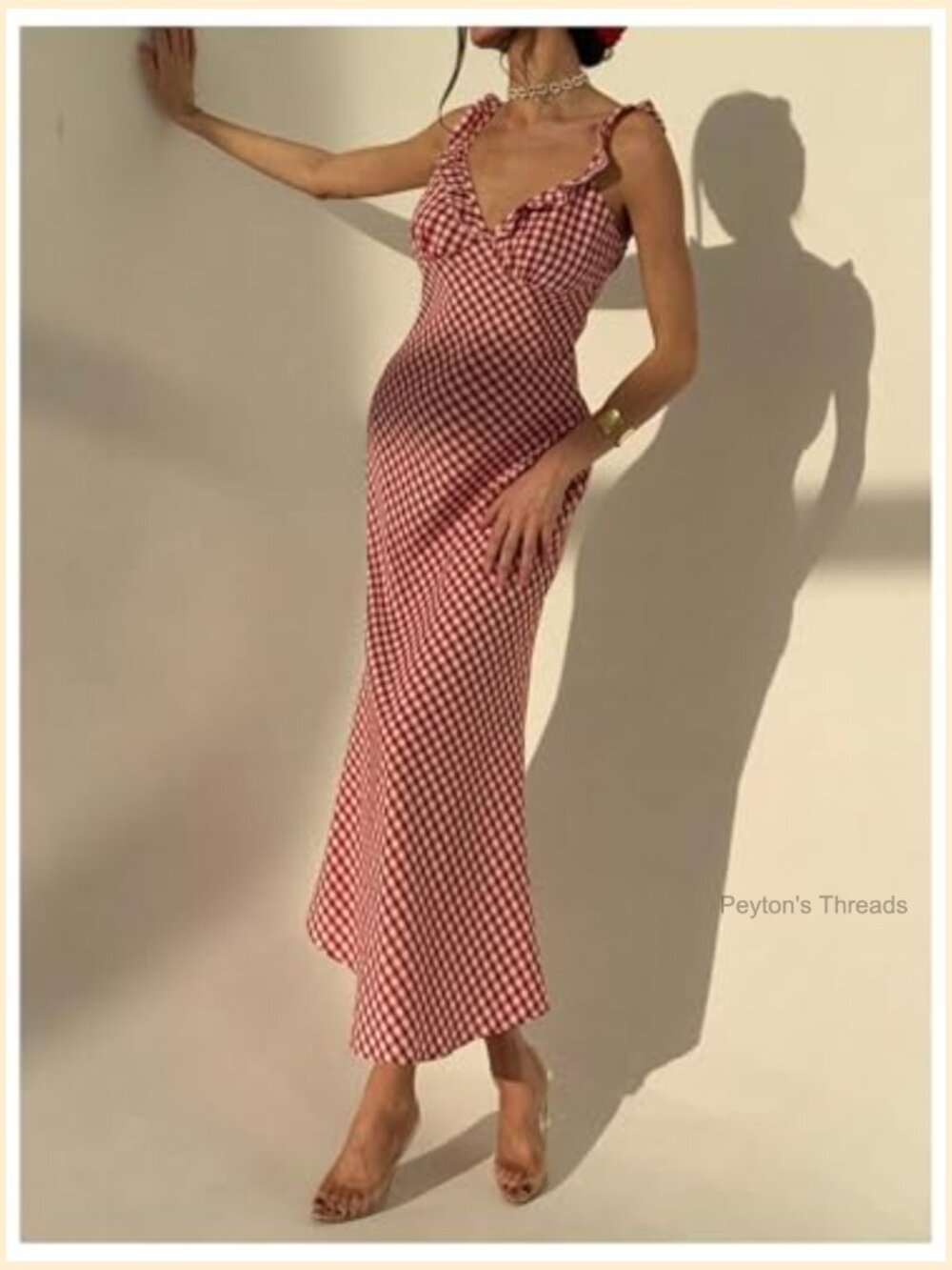 Summer Gingham Maxi Dress Ruffle Deep V Neck Sleeveless Sundress - Picture 3 of 5